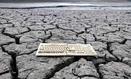 Keyboard on cracked-dry riverbed in California