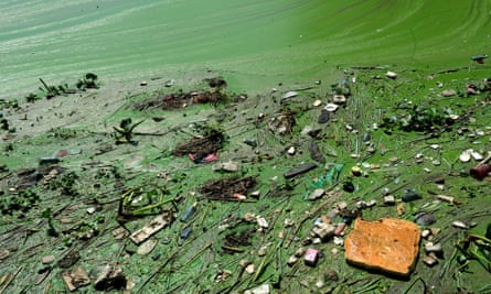 Toxic green scum and brown foam float on Taihu Lake near Yixing in Jiangsu Province.