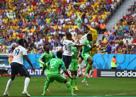 Pogba heads the ball past Vincent Enyeama for the first goal.