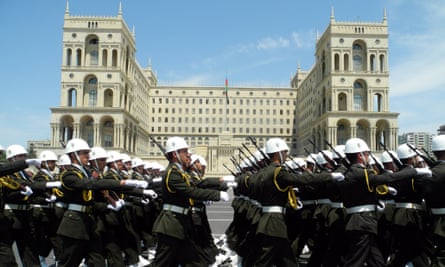 Military academy cadets parade to mark the nation's Republic Day in central Baku, the capital of Azerbaijan, in May 2014.