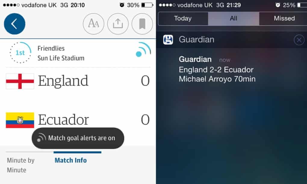 Screenshot of goal alerts on iPhone