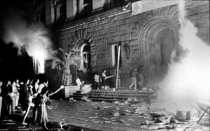 In Bulgaria, protestors set fire to the Communist Party headquarters during a demonstration on August 26, 1990.