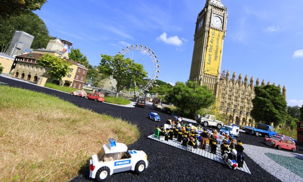 Lego mini figures Greenpeace protest against Shell at Legoland Big Ben, demanding Shell to stop plan to drill for oil in the Arctic