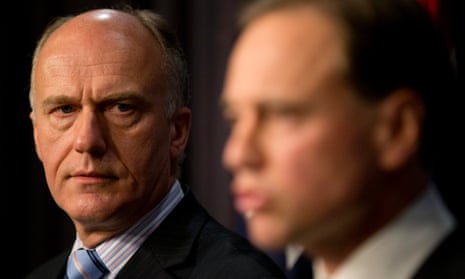 Eric Abetz and Greg Hunt after the carbon tax repeal goes down. Photograph: Mike Bowers Guardian Australia