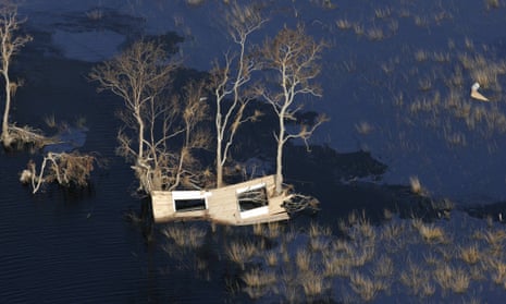 A piece of a home lies among trees in flooded marshland along the Gulf Coast of Louisiana in 2005's Hurricane Rita. Many experts believe that the rapid sinking of the Louisiana coast may have lowered New Orleans levees.