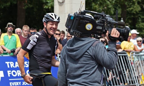  Chris Boardman talks to a TV crew during the 3rd stage of Tour de France, July 2014