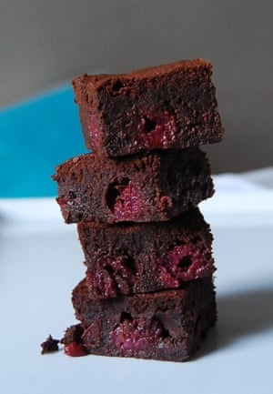 American Brownies with a German Twist: My homage to the German coach of the U.S. team, Jürgen Klinsman: combining the best of both countries, double chocolate brownies with a Black Forest gateau twist.