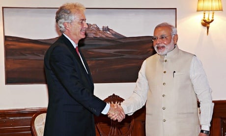 India's prime minister Narendra Modi (right) greets US deputy secretary of state William Burns
