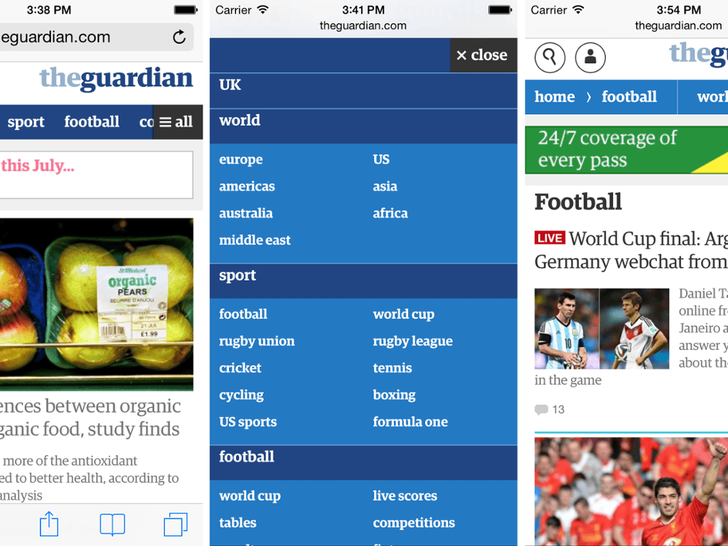 The new nav in action on mobile