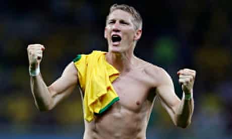 Germany's Bastian Schweinsteiger celebrates after beating Brazil