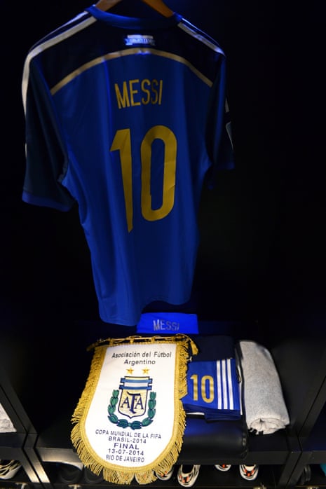The shirt worn by Lionel Messi of Argentina and the match pennant