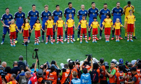 The Argentina players line up on the pitch ready for their National Anthem.