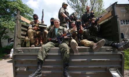 Pro-Russian separatist fighters from the Vostok Battalion in Donetsk on 10 July, 2014.