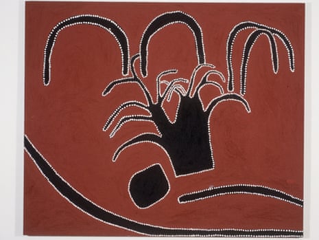 Blood on the Spinifex by Timmy Timms. The mistake creek massacre 2000, ochres on linen.