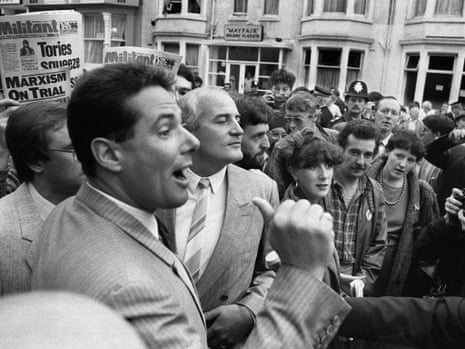 Derek Hatton outside the Labour Party Conference in Blackpool, 1985