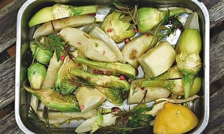 yotam ottolenghi's braised baby artichokes with salsola soda and Szechuan pepper