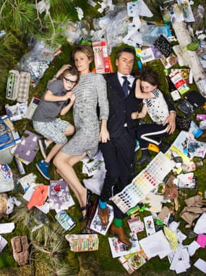 Alfie, Kirsten, Miles and Elly surrounded by seven days of their own rubbish and trash on May 15, 2011 in Pasadena, California.