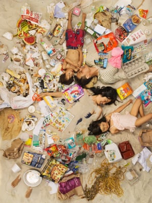 Michael, Jason, Annie and Olivia surrounded by seven days of their own rubbish in Pasadena, California.