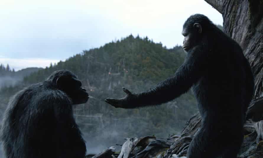 Actors Andy Serkis (right) and Toby Kebbell transformed into chimp and bonobo by motion capture in Dawn of the Planet of the Apes.