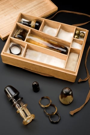 Collection of sexual aids, with instructions, in wooden box, by Arita Drug and Rubber Goods Company, Kobe, Japan, 1930 to 1935