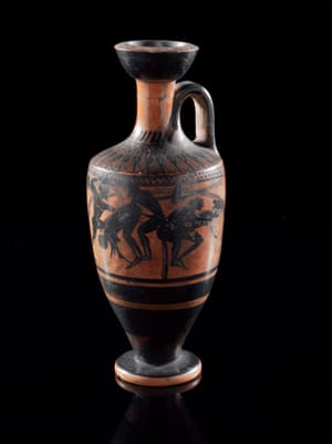 Cylindrical lekythos, with black figure decoration, showing scenes of copulation, probably from Attica, Greece, 550BC-500BC