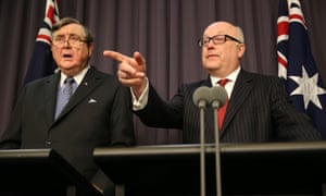 Director-General of Security Mr David Irvine and the Attorney-General senator George Brandis at a press conference in Parliament House, Canberra. Wednesday 16th July 2014