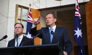 Prime Minister Tony Abbott and Environment Minister Greg Hunt at a press conference this morning in Parliament House, Thursday 17th July 2014