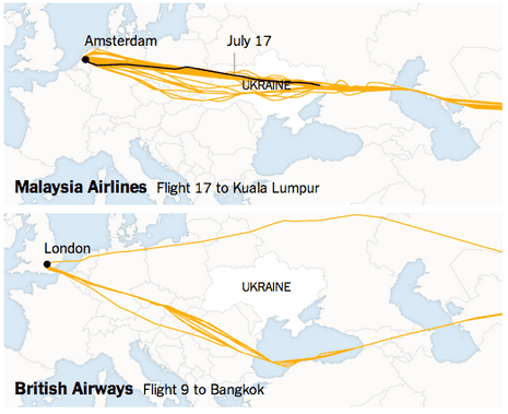 The New York Times has mapped the flight paths of planes in the last week, showing some airlines avoiding the Ukraine, while others, including Malaysia Airlines have not.