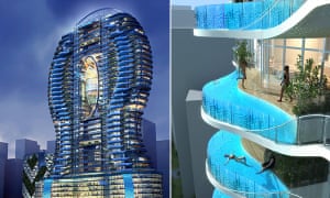 This is still in the development stage, but the proposed building called Bandra Ohm in Mumbai by James Law of James Law Cybertecture International will feature individual infinity pools on the balconys of the 30 storey structure
