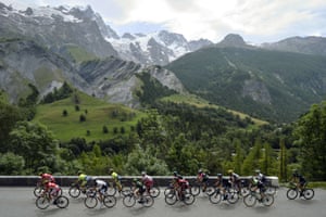 Cyclists ride in a breakaway during the 14th stage of the Tour de France cycling race between Grenoble and Risoul.