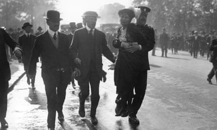 Emmeline Pankhurst, being arrested at a Suffragette protest in May 1914.