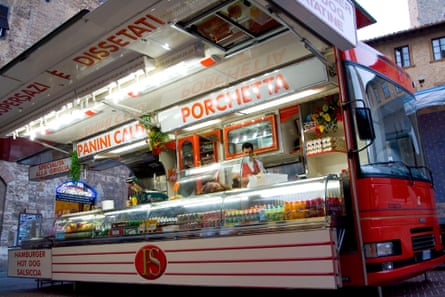 A porchetta deli bus is a common site at Umbria's markets