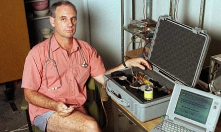 Dr Philip Nitschke in 1996 with his euthanasia delivery system – a laptop and a box containing a syringe which is connected to the patient by intraveneous line and driven by compressed air.  Dr Nitschke assisted in Australia's second legal suicide in Darwin, January 2, 1997, of Janet Mills, 52, who suffered from terminal skin cancer.