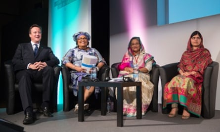 (Left - right) Prime Minister David Cameron, Chantal Compaore the First Lady of Burkina Faso, Sheikh Hasina the Prime Minister of Bangladesh and activist Malala Yousafzai during the Girl Summit 2014 at Walworth Academy, London.