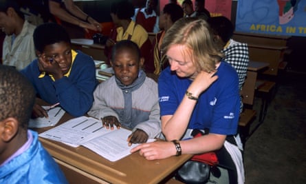 A volunteer helping to teach English at Malealea School, Lesotho
