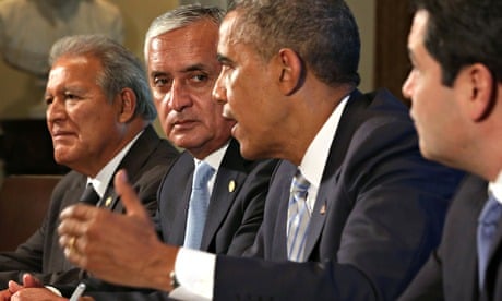 Barack Obama (third left) speaks as Otto Perez Molina (second left) of Guatemala, Juan Orlando Herna