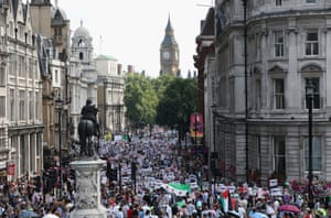 London: Protesters take part in a 'Stop the War' demonstration march from the Israeli Embassy to the Houses of Parliament.