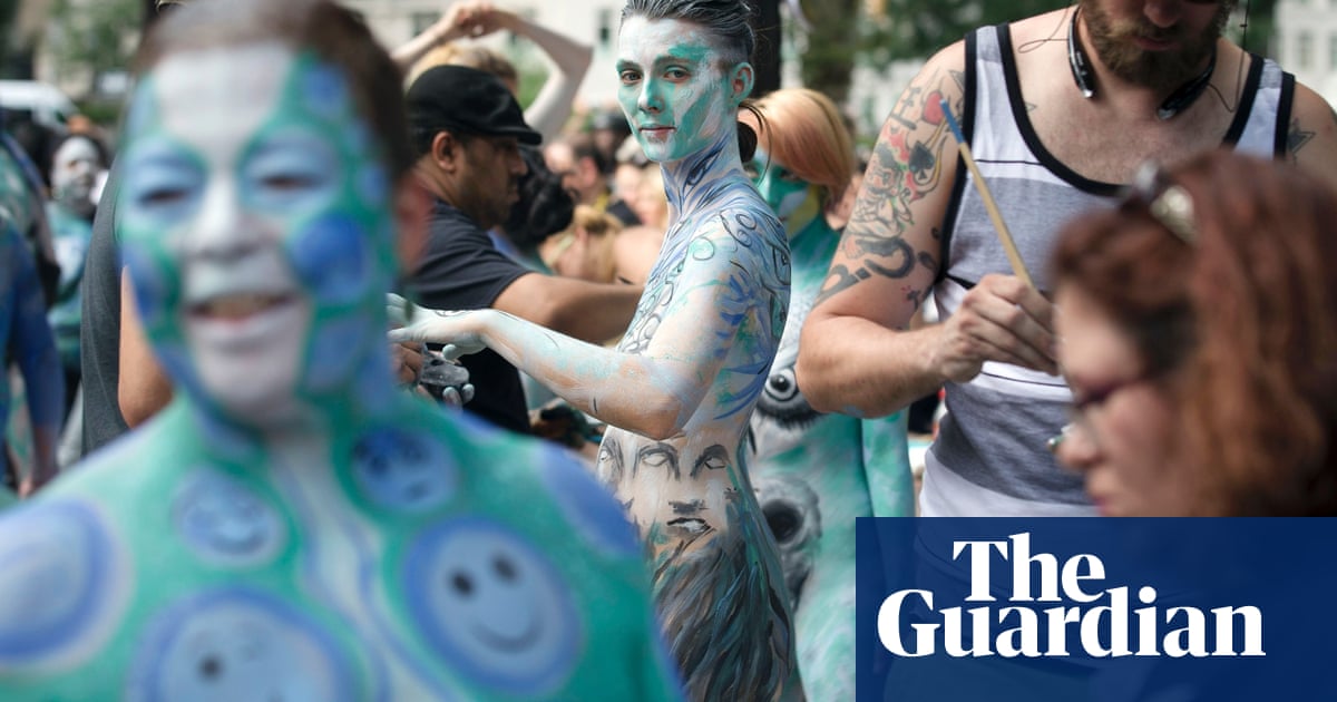 Body-painting artists hold a gathering in New York including a post-paintin...