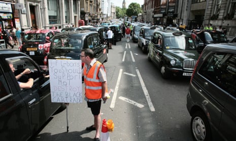 London Taxi drivers demonstrate against the Uber cab app and other methods that they say allow unlicensed drivers to operate.