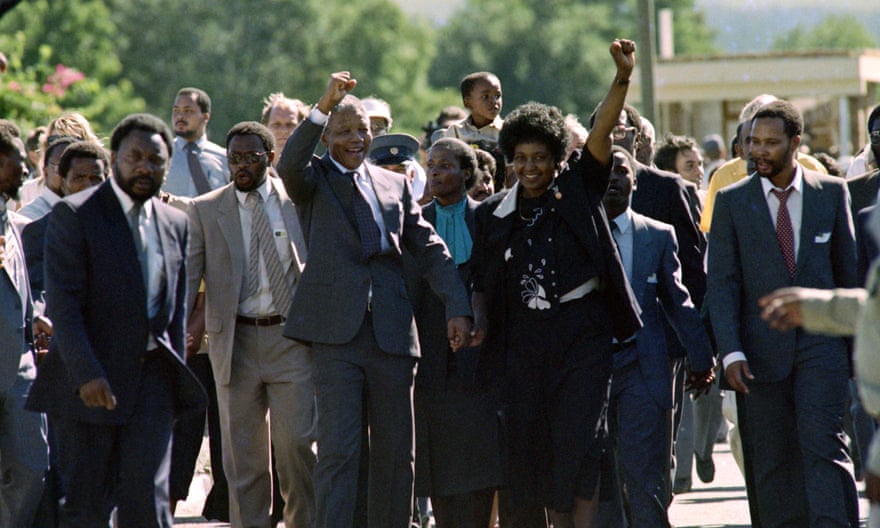 Nelson Mandela and his then wife Winnie Madikizela-Mandela raising fists upon his release from 27 years of imprisonment, 11 February 1990.