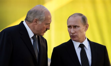 Russia's President Vladimir Putin (R) visits his Belarus counterpart Alexander Lukashenko in Minsk on 2 July, 2014, to mark Independence Day the following day.