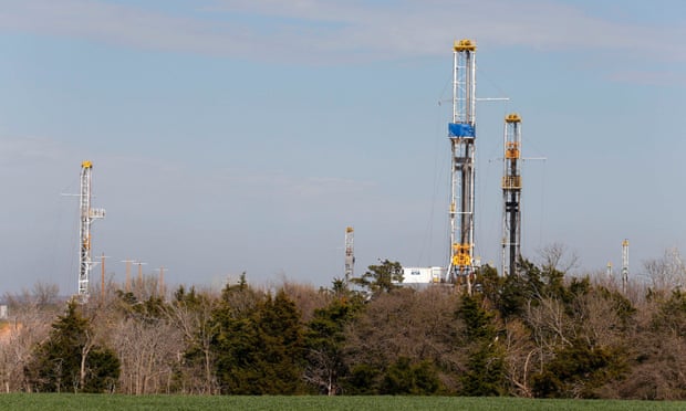 Drilling rigs dot the landscape near Calumet, Oklahoma