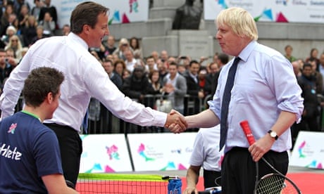 David Cameron and Boris Johnson playing tennis at a Paralympic event in Trafalgar Square in 2011