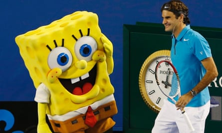 Spongebob Squarepants warming up with Roger Federer.