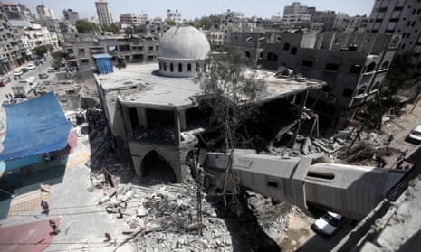A general view shows the collapsed minaret of a destroyed mosque in Gaza City, after it was hit in an overnight Israeli strike.