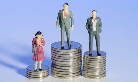 Mini plastic men and a woman standing on piles of money