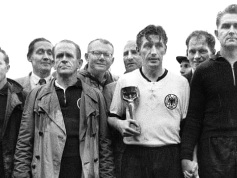 West Germany, beside themselves with joy after becoming the first country to win their first World Cup away from home, in 1954. Left to right: Adidas boots and studs genius Adi Dassler, manager Sepp Herberger, captain Fritz Walter and goakeeping hero Toni Turek