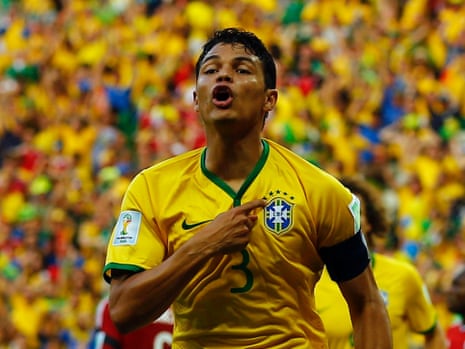 Brazil's Thiago Silva celebrates after scoring against Colombia.