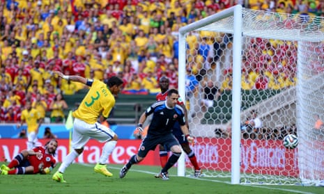 Unmarked at the back post, Thiago Silva scores to settle the Brazilian nerves.