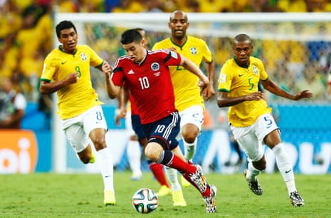 Maicon, Fernandinho  and Paulinho try and keep up with James Rodriguez.